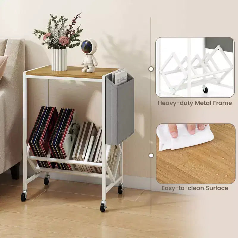 Meuble pour tourne-disque avec rangement pour disques vinyles et pochette de rangement latérale, roulettes pivotantes marron/naturel