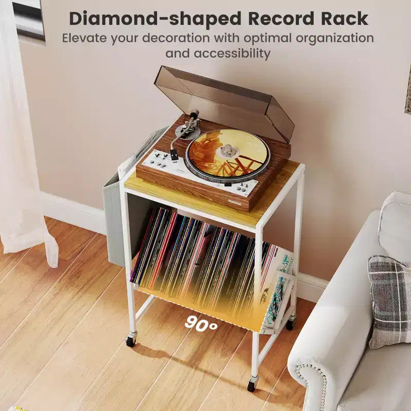 Meuble pour tourne-disque avec rangement pour disques vinyles et pochette de rangement latérale, roulettes pivotantes marron/naturel