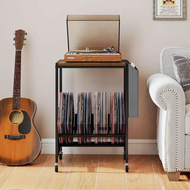 Meuble pour tourne-disque avec rangement pour disques vinyles et pochette de rangement latérale, roulettes pivotantes marron/naturel