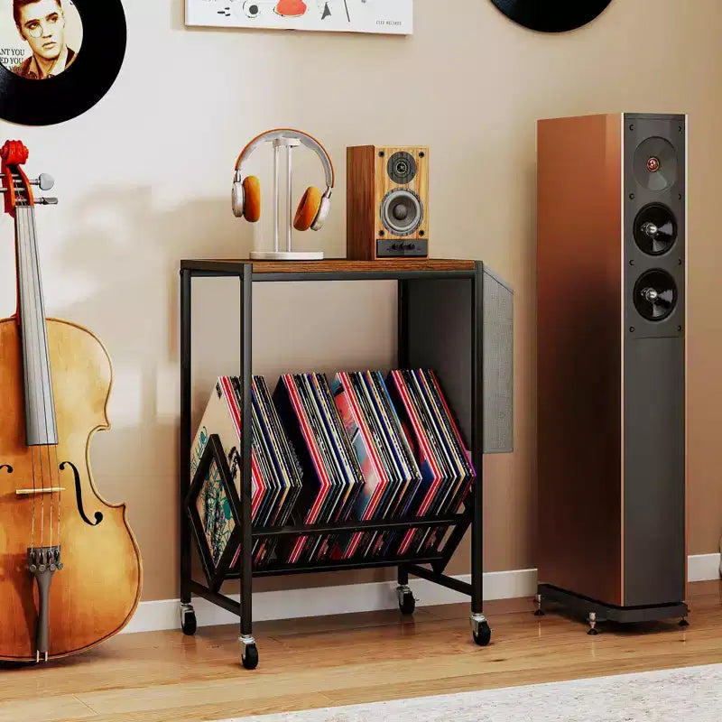 Meuble pour tourne-disque avec rangement pour disques vinyles et pochette de rangement latérale, roulettes pivotantes marron/naturel