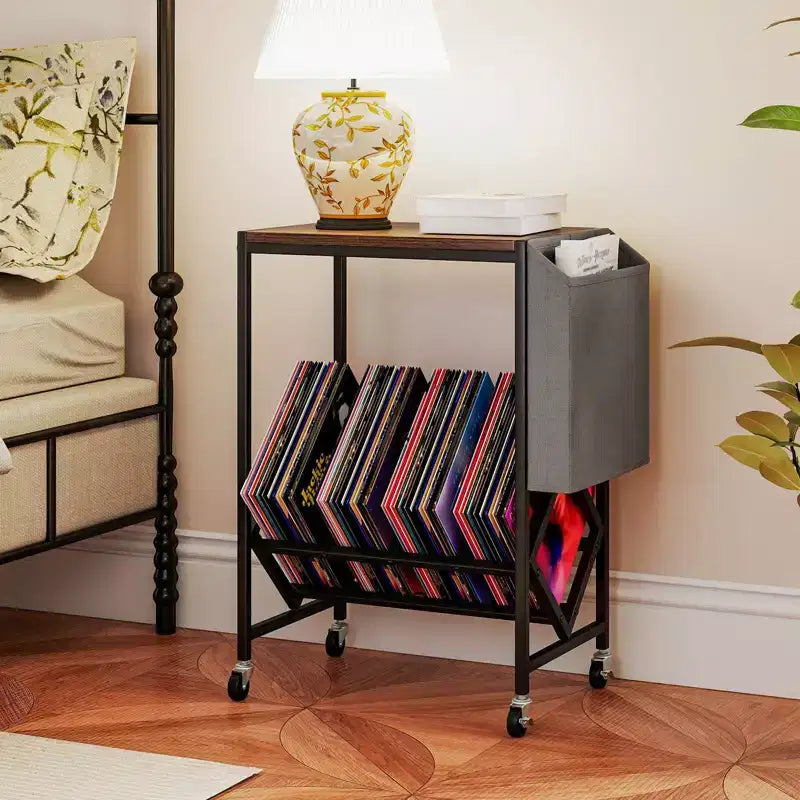 Meuble pour tourne-disque avec rangement pour disques vinyles et pochette de rangement latérale, roulettes pivotantes marron/naturel