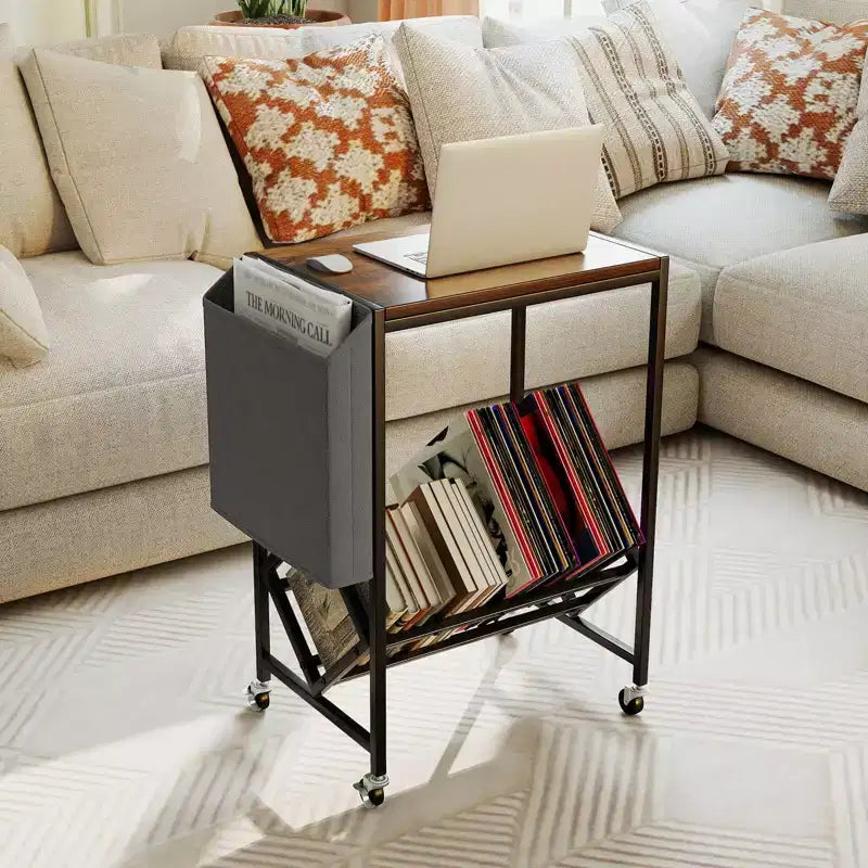 Meuble pour tourne-disque avec rangement pour disques vinyles et pochette de rangement latérale, roulettes pivotantes marron/naturel