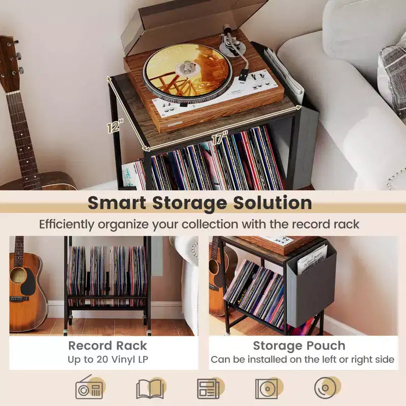Meuble pour tourne-disque avec rangement pour disques vinyles et pochette de rangement latérale, roulettes pivotantes marron/naturel