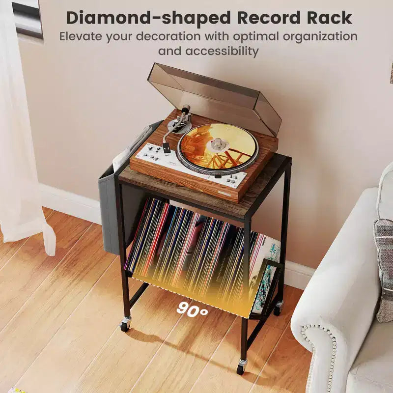 Meuble pour tourne-disque avec rangement pour disques vinyles et pochette de rangement latérale, roulettes pivotantes marron/naturel
