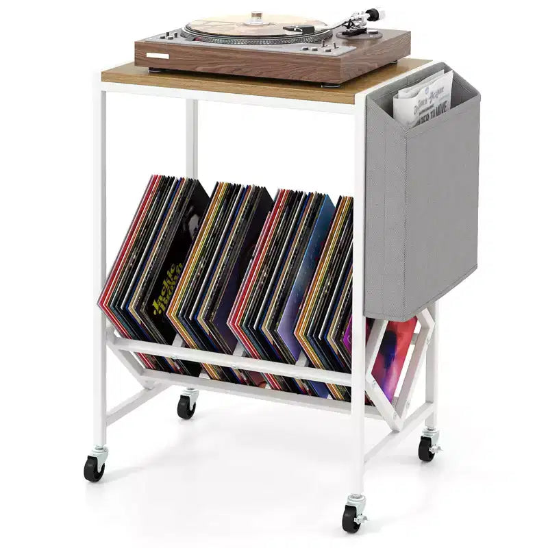 Meuble pour tourne-disque avec rangement pour disques vinyles et pochette de rangement latérale, roulettes pivotantes marron/naturel