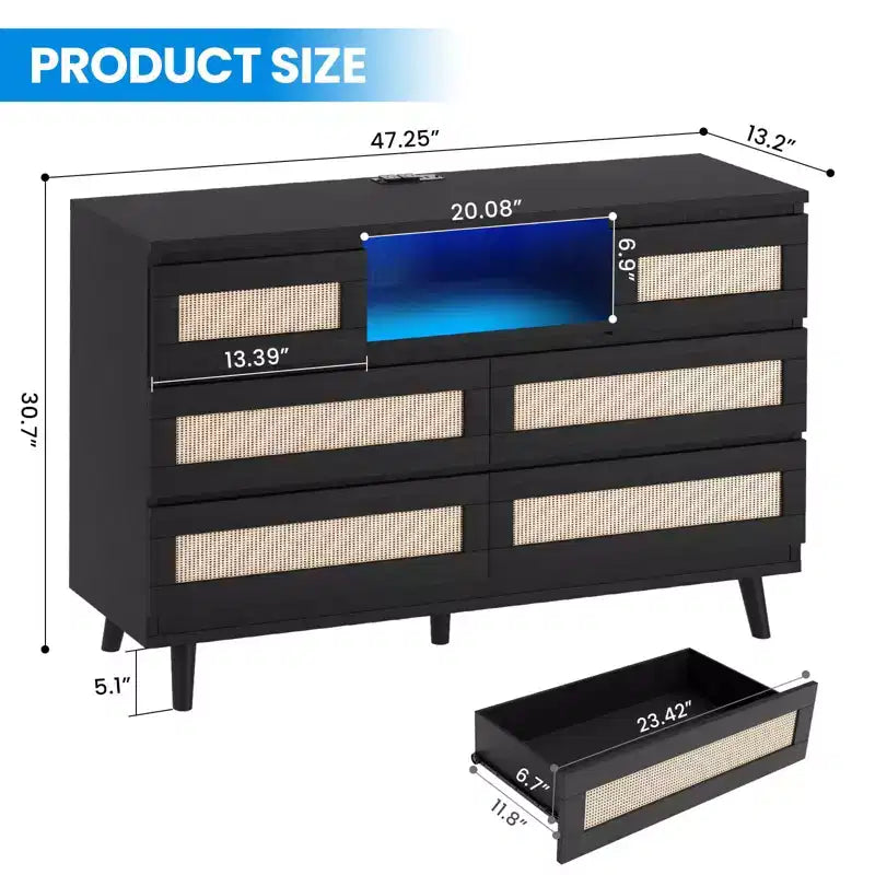 Commode à 6 tiroirs en rotin pour chambre à coucher, commode de chambre moderne en bois avec prises de courant, commode de 120 cm de large en rotin avec lumière LED, meuble TV