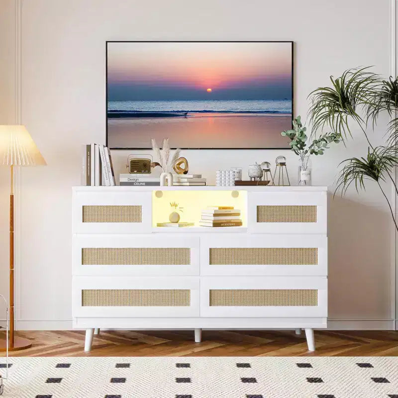 Commode à 6 tiroirs en rotin pour chambre à coucher, commode de chambre moderne en bois avec prises de courant, commode de 120 cm de large en rotin avec lumière LED, meuble TV