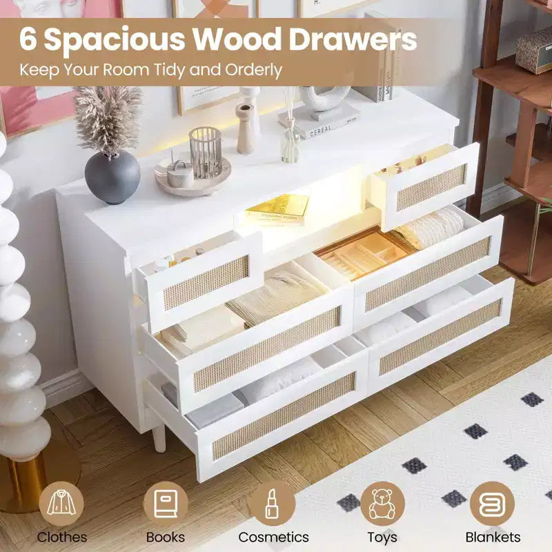 Commode à 6 tiroirs en rotin pour chambre à coucher, commode de chambre moderne en bois avec prises de courant, commode de 120 cm de large en rotin avec lumière LED, meuble TV