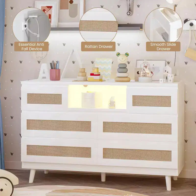 Commode à 6 tiroirs en rotin pour chambre à coucher, commode de chambre moderne en bois avec prises de courant, commode de 120 cm de large en rotin avec lumière LED, meuble TV