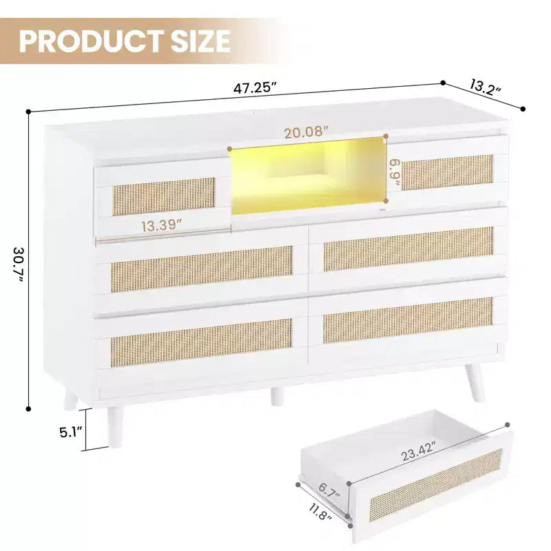 Commode à 6 tiroirs en rotin pour chambre à coucher, commode de chambre moderne en bois avec prises de courant, commode de 120 cm de large en rotin avec lumière LED, meuble TV