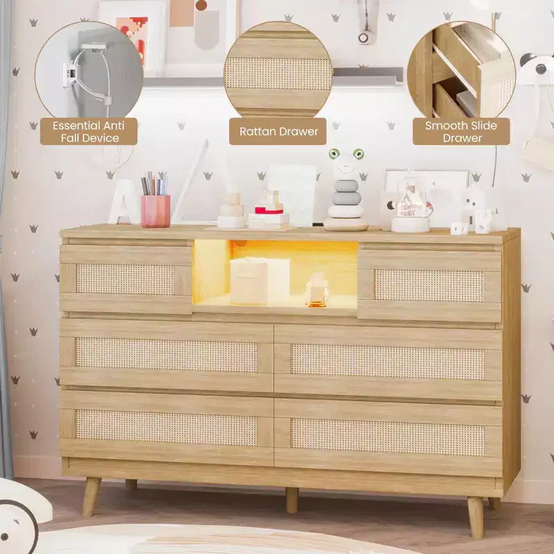 Commode à 6 tiroirs en rotin pour chambre à coucher, commode de chambre moderne en bois avec prises de courant, commode de 120 cm de large en rotin avec lumière LED, meuble TV