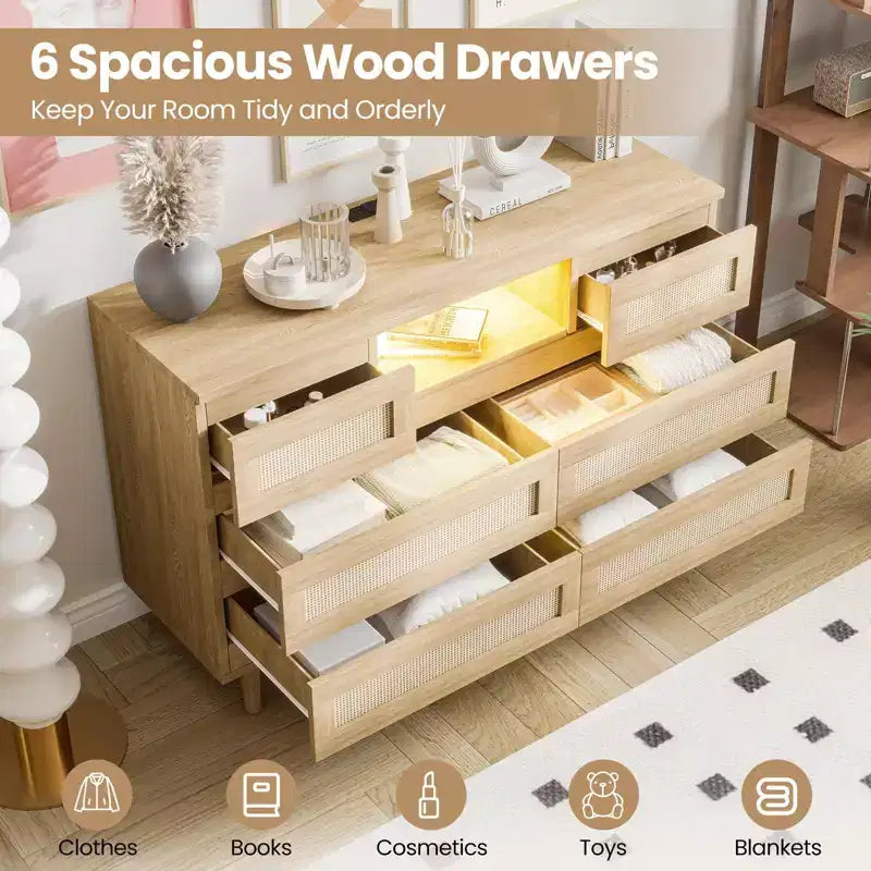 Commode à 6 tiroirs en rotin pour chambre à coucher, commode de chambre moderne en bois avec prises de courant, commode de 120 cm de large en rotin avec lumière LED, meuble TV
