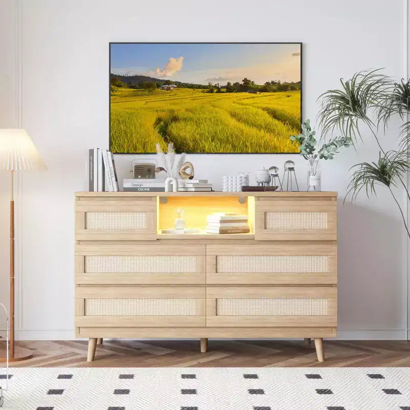 Commode à 6 tiroirs en rotin pour chambre à coucher, commode de chambre moderne en bois avec prises de courant, commode de 120 cm de large en rotin avec lumière LED, meuble TV