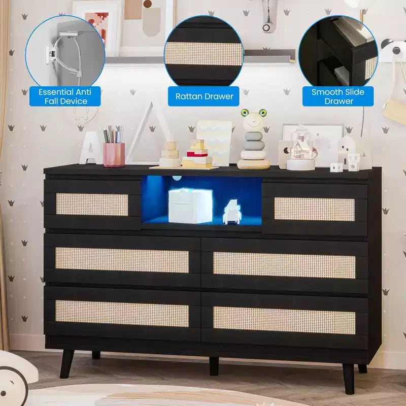 Commode à 6 tiroirs en rotin pour chambre à coucher, commode de chambre moderne en bois avec prises de courant, commode de 120 cm de large en rotin avec lumière LED, meuble TV