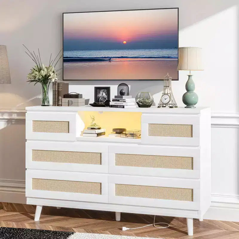 Commode à 6 tiroirs en rotin pour chambre à coucher, commode de chambre moderne en bois avec prises de courant, commode de 120 cm de large en rotin avec lumière LED, meuble TV