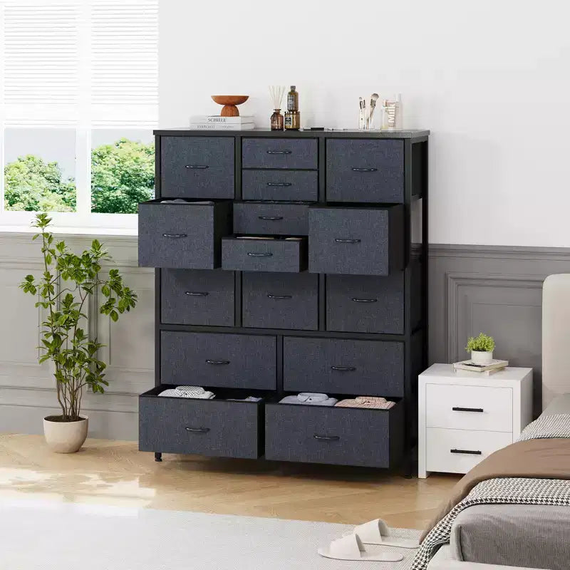 Commode à 15 tiroirs, Organisateur de Rangement Haut avec Cadre Métallique et Plateau en Bois, Commode en Tissu pour Salon, Unité de Rangement Multi-Fonctionnelle