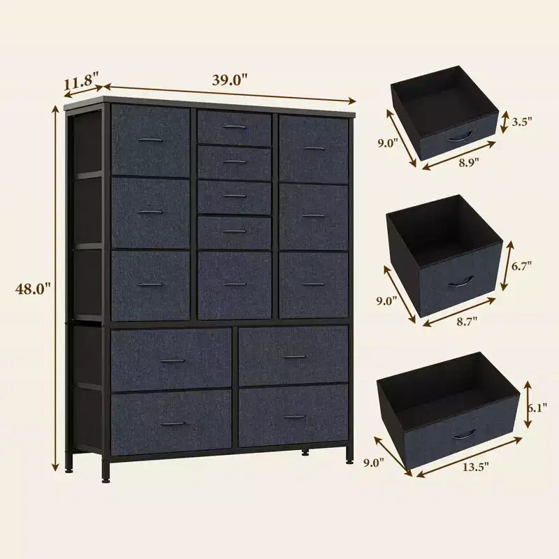 Commode à 15 tiroirs, Organisateur de Rangement Haut avec Cadre Métallique et Plateau en Bois, Commode en Tissu pour Salon, Unité de Rangement Multi-Fonctionnelle