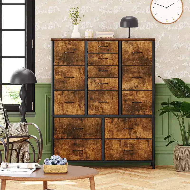 Commode à 15 tiroirs, Organisateur de Rangement Haut avec Cadre Métallique et Plateau en Bois, Commode en Tissu pour Salon, Unité de Rangement Multi-Fonctionnelle