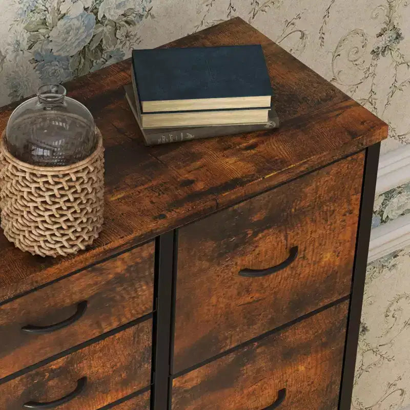 Commode à 15 tiroirs, Organisateur de Rangement Haut avec Cadre Métallique et Plateau en Bois, Commode en Tissu pour Salon, Unité de Rangement Multi-Fonctionnelle