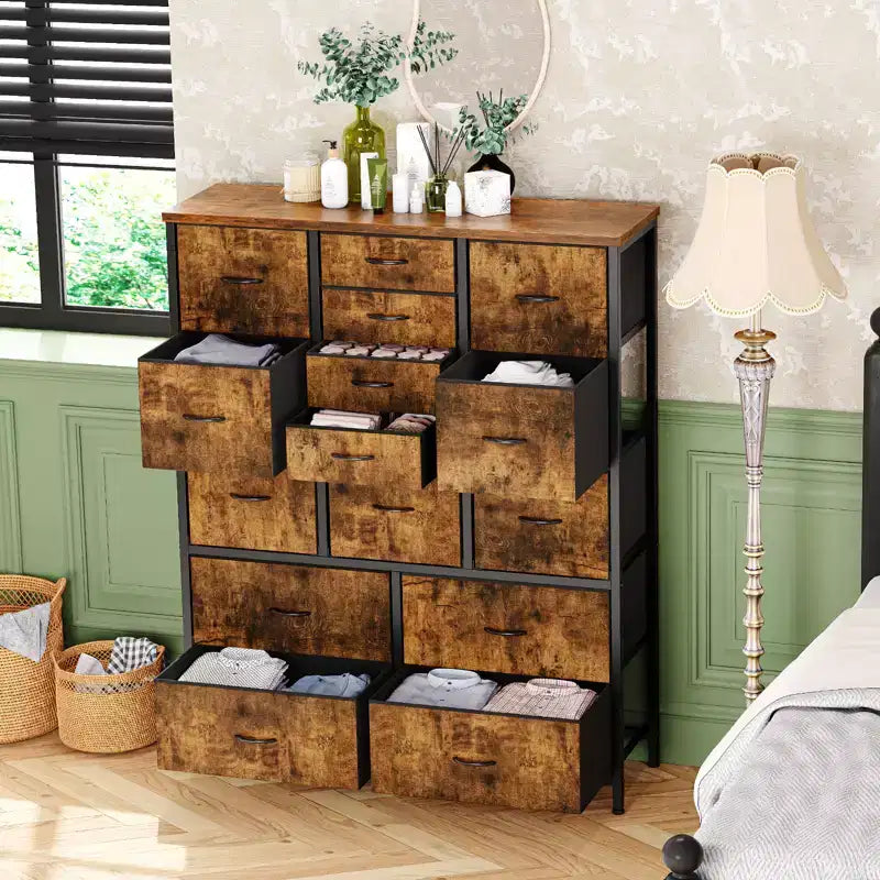 Commode à 15 tiroirs, Organisateur de Rangement Haut avec Cadre Métallique et Plateau en Bois, Commode en Tissu pour Salon, Unité de Rangement Multi-Fonctionnelle