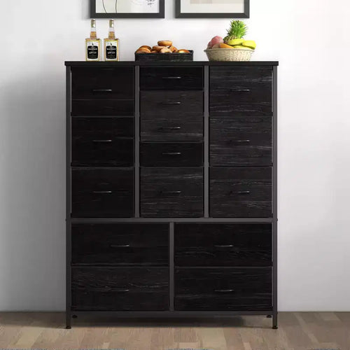 Commode à 15 tiroirs, Organisateur de Rangement Haut avec Cadre Métallique et Plateau en Bois, Commode en Tissu pour Salon, Unité de Rangement Multi-Fonctionnelle
