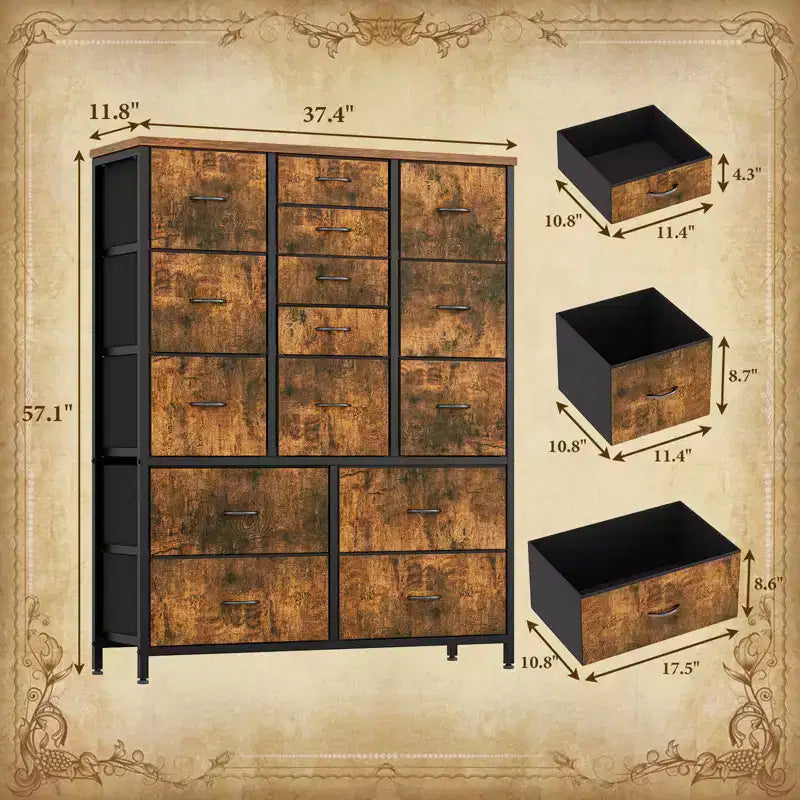 Commode à 15 tiroirs, Organisateur de Rangement Haut avec Cadre Métallique et Plateau en Bois, Commode en Tissu pour Salon, Unité de Rangement Multi-Fonctionnelle