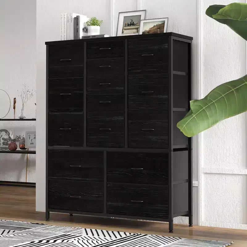 Commode à 15 tiroirs, Organisateur de Rangement Haut avec Cadre Métallique et Plateau en Bois, Commode en Tissu pour Salon, Unité de Rangement Multi-Fonctionnelle