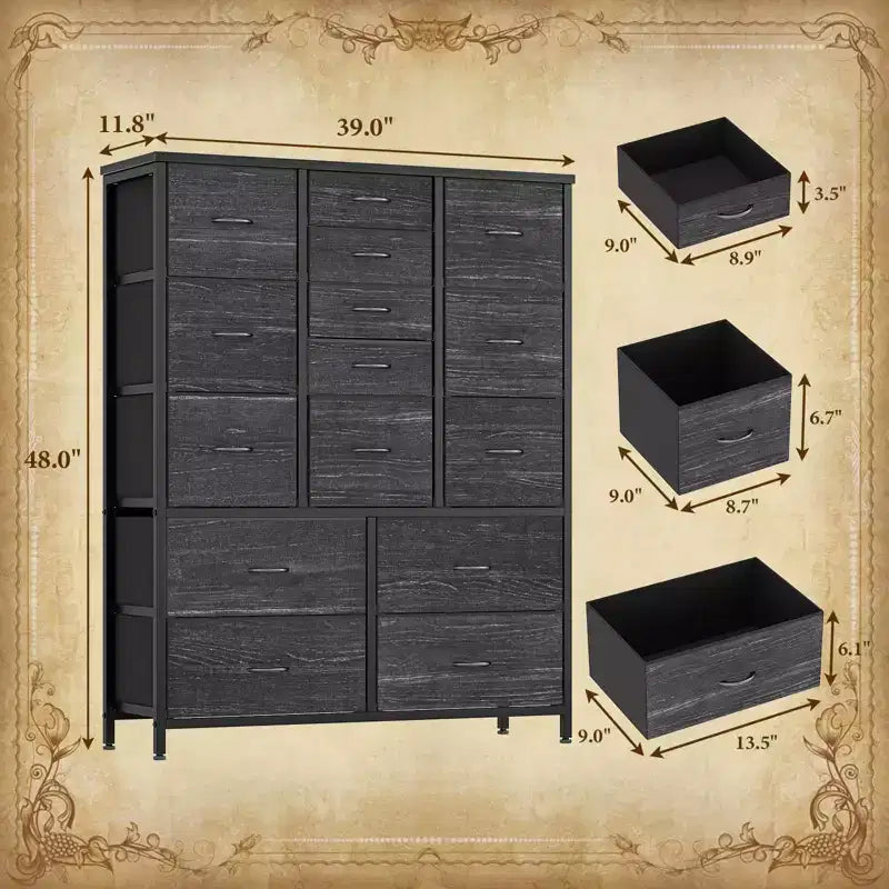 Commode à 15 tiroirs, Organisateur de Rangement Haut avec Cadre Métallique et Plateau en Bois, Commode en Tissu pour Salon, Unité de Rangement Multi-Fonctionnelle