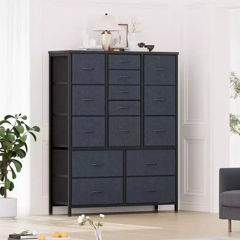 Commode à 15 tiroirs, Organisateur de Rangement Haut avec Cadre Métallique et Plateau en Bois, Commode en Tissu pour Salon, Unité de Rangement Multi-Fonctionnelle