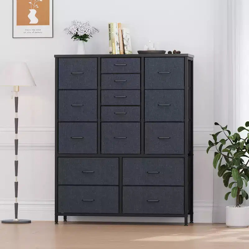 Commode à 15 tiroirs, Organisateur de Rangement Haut avec Cadre Métallique et Plateau en Bois, Commode en Tissu pour Salon, Unité de Rangement Multi-Fonctionnelle