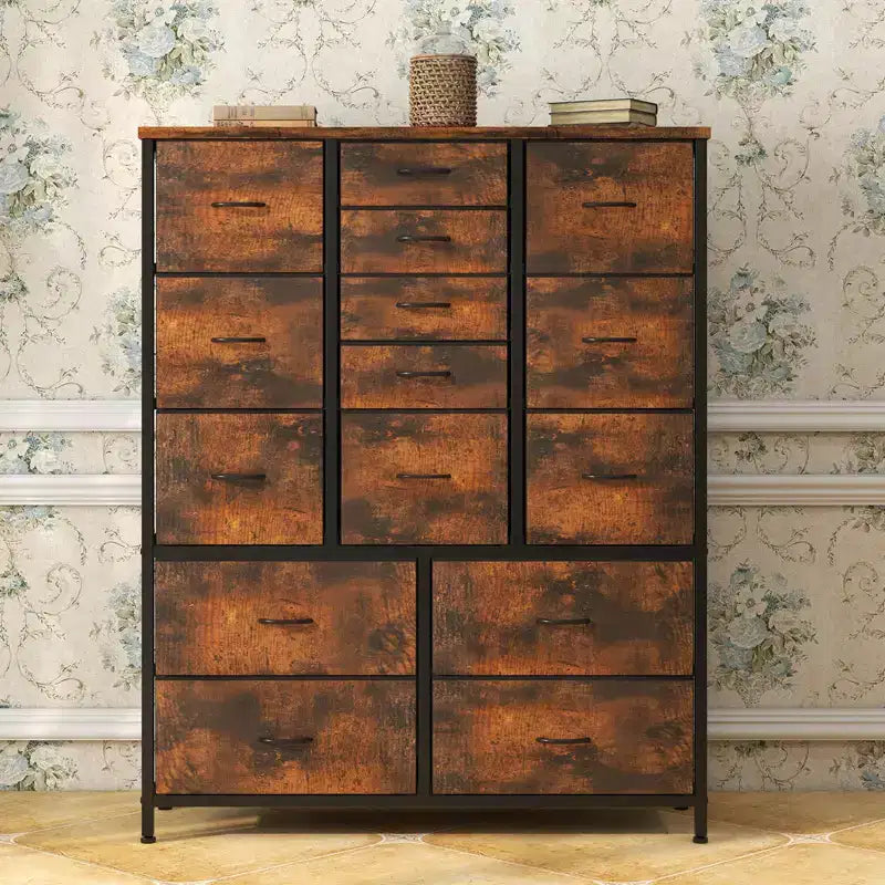 Commode à 15 tiroirs, Organisateur de Rangement Haut avec Cadre Métallique et Plateau en Bois, Commode en Tissu pour Salon, Unité de Rangement Multi-Fonctionnelle