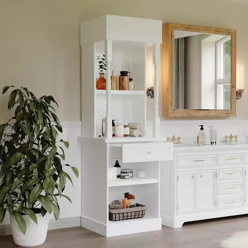 Meuble vitrine et meuble de rangement blanc, étagères décoratives + tiroir, polyvalent pour tous les espaces de la maison