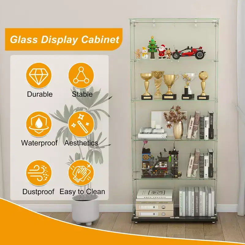 Vitrine d'angle de 63 po avec portes vitrées, vitrines d'exposition en verre avec lumières et roulettes, vitrines à 5 niveaux