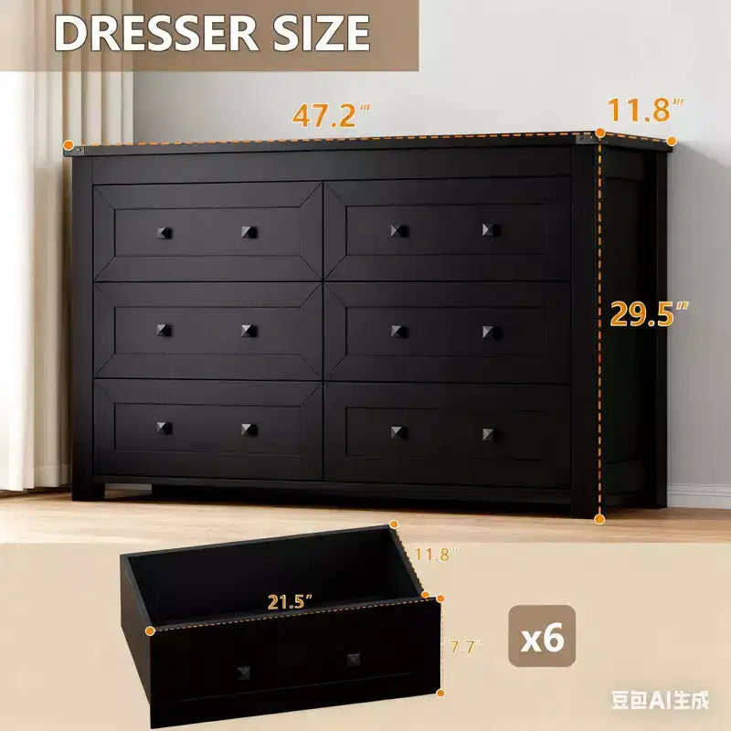 Commode à 6 tiroirs pour chambre, commode avec grand espace de rangement, commode en bois de style ferme moderne pour chambre, couloir, entrée, placard