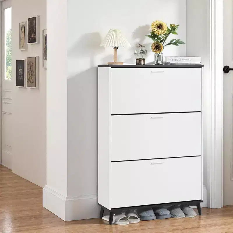 Meuble à chaussures de ferme de 47 po avec 3 tiroirs basculants - Rangement étroit autoportant pour entrée, Organisateur de chaussures blanc pour couloir (Meuble de rangement pour chaussures)