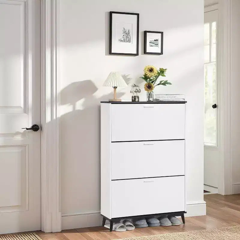 Meuble à chaussures de ferme de 47 po avec 3 tiroirs basculants - Rangement étroit autoportant pour entrée, Organisateur de chaussures blanc pour couloir (Meuble de rangement pour chaussures)
