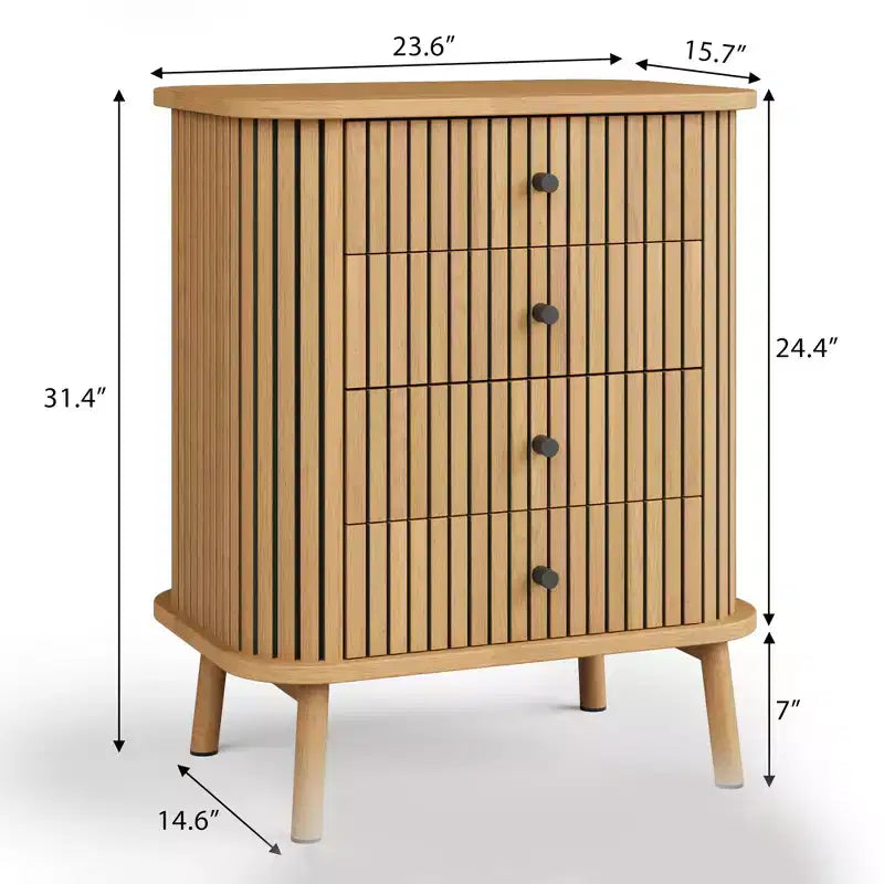 Table de chevet bohème avec 4 tiroirs, table de chevet en rotin avec poignées noir mat et pieds en bois, finition naturelle