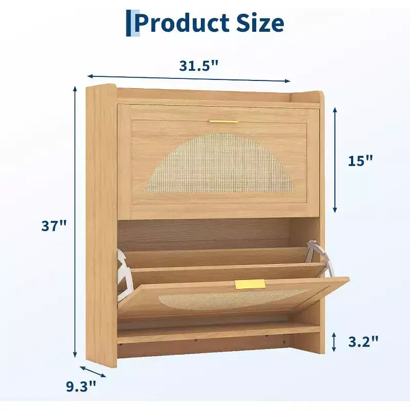 Meuble à chaussures en rotin avec 2 ou 4 tiroirs basculants, meuble de rangement à chaussures en bois autoportant avec étagères réglables pour entrée, couloir, foyer
