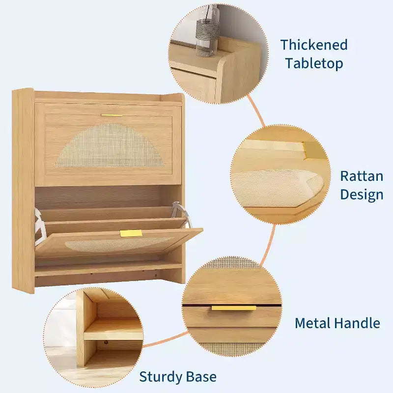 Meuble à chaussures en rotin avec 2 ou 4 tiroirs basculants, meuble de rangement à chaussures en bois autoportant avec étagères réglables pour entrée, couloir, foyer