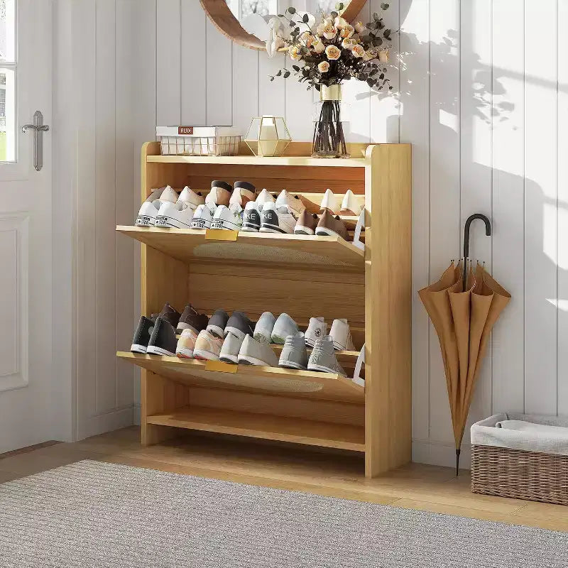 Meuble à chaussures en rotin avec 2 ou 4 tiroirs basculants, meuble de rangement à chaussures en bois autoportant avec étagères réglables pour entrée, couloir, foyer