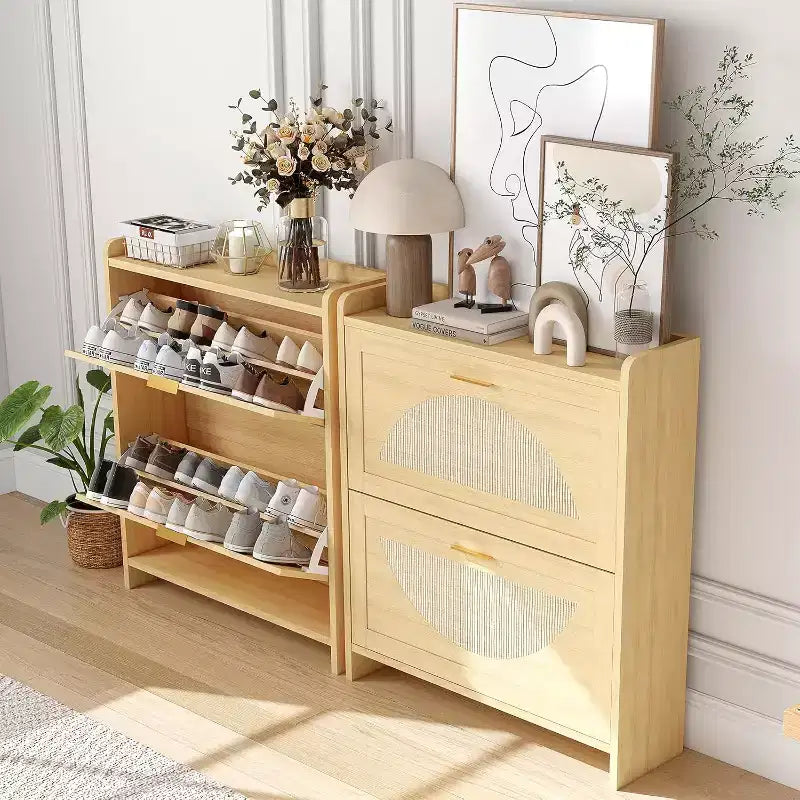 Meuble à chaussures en rotin avec 2 ou 4 tiroirs basculants, meuble de rangement à chaussures en bois autoportant avec étagères réglables pour entrée, couloir, foyer