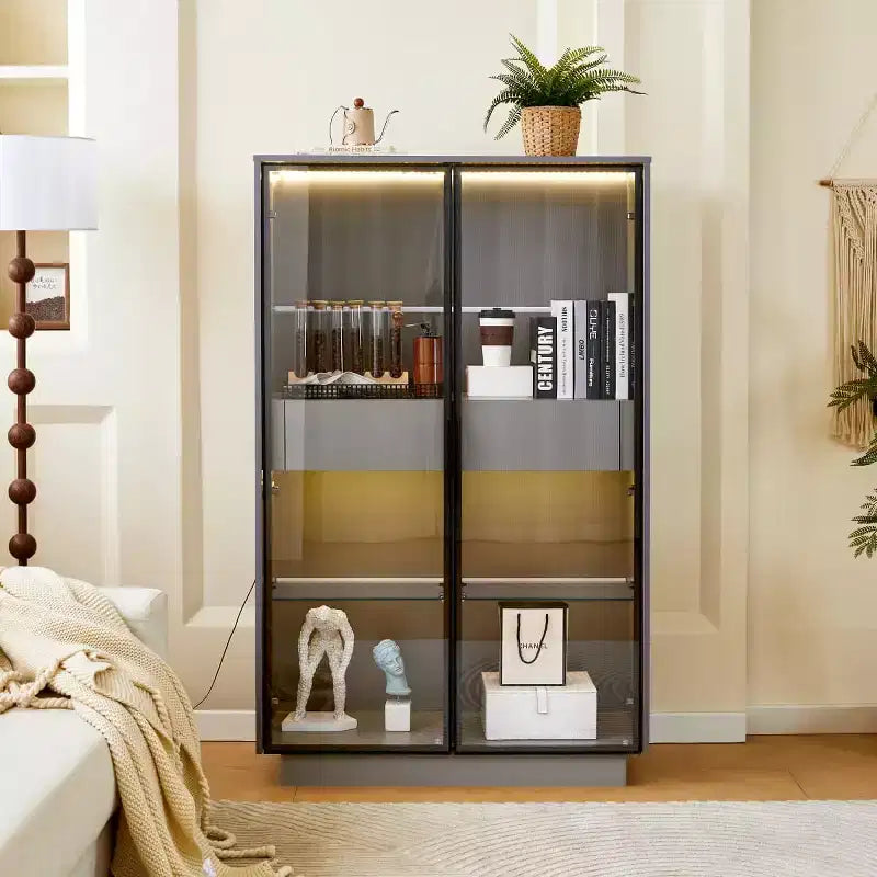 60,6 Armoire haute avec tiroirs et étagères en verre, Meuble de rangement moderne avec lumières LED pour salon -