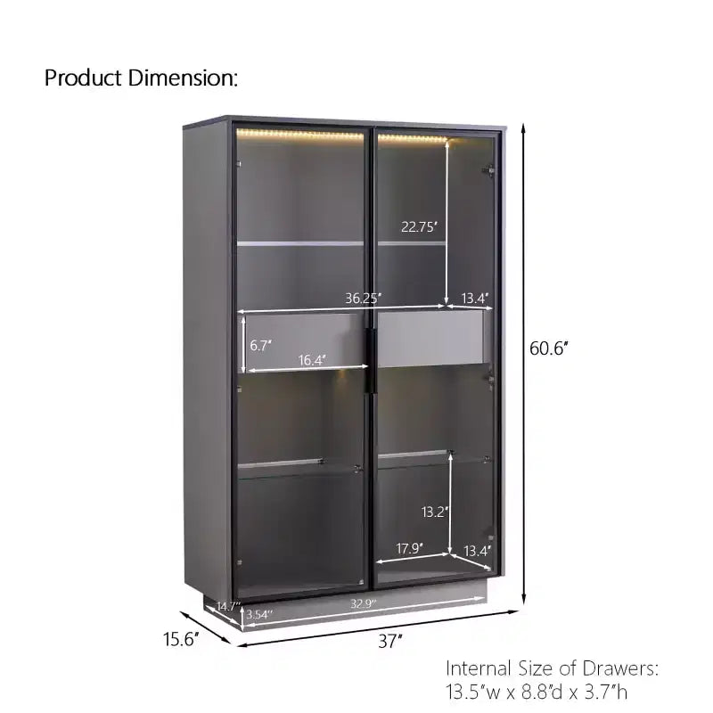 60,6 Armoire haute avec tiroirs et étagères en verre, Meuble de rangement moderne avec lumières LED pour salon -