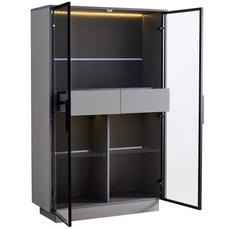 60,6 Armoire haute avec tiroirs et étagères en verre, Meuble de rangement moderne avec lumières LED pour salon -