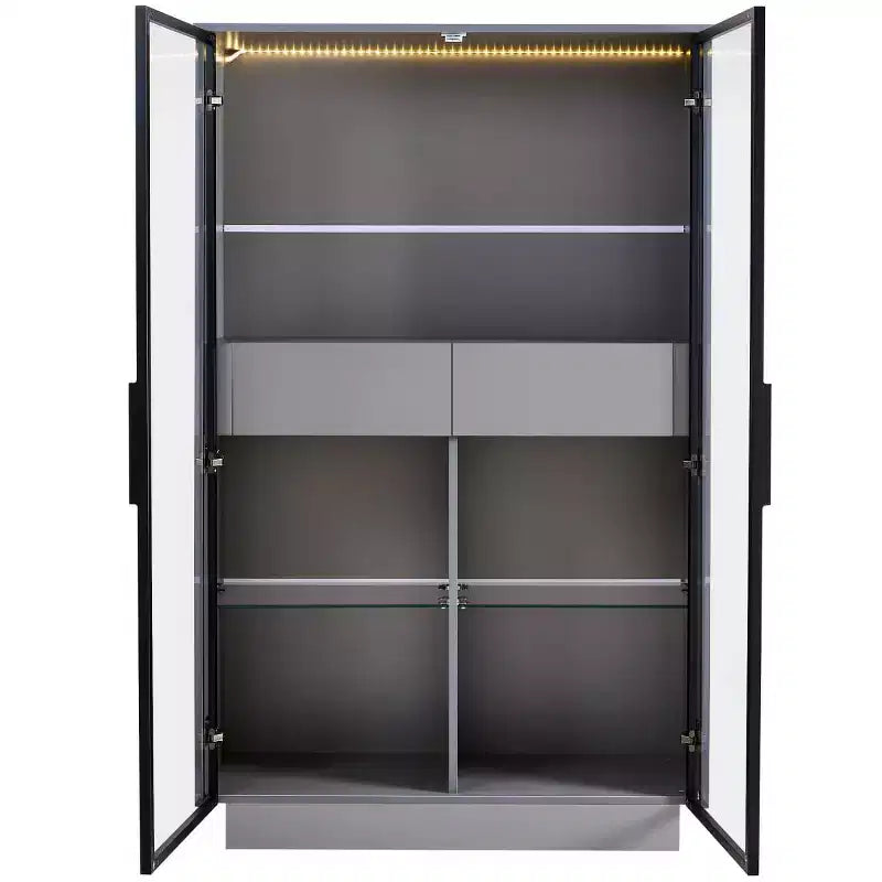 60,6 Armoire haute avec tiroirs et étagères en verre, Meuble de rangement moderne avec lumières LED pour salon -
