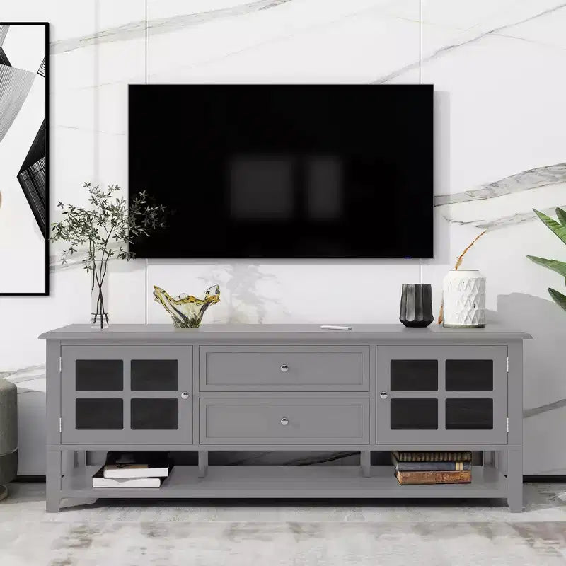 Meuble TV moderne 59 po pour téléviseurs de 60 po, console média en MDF gris avec rangement multifonctionnel et portes magnétiques silencieuses