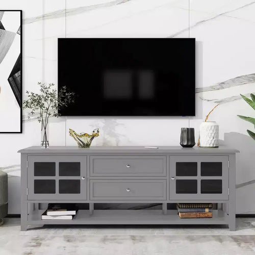 Meuble TV moderne 59 po pour téléviseurs de 60 po, console média en MDF gris avec rangement multifonctionnel et portes magnétiques silencieuses