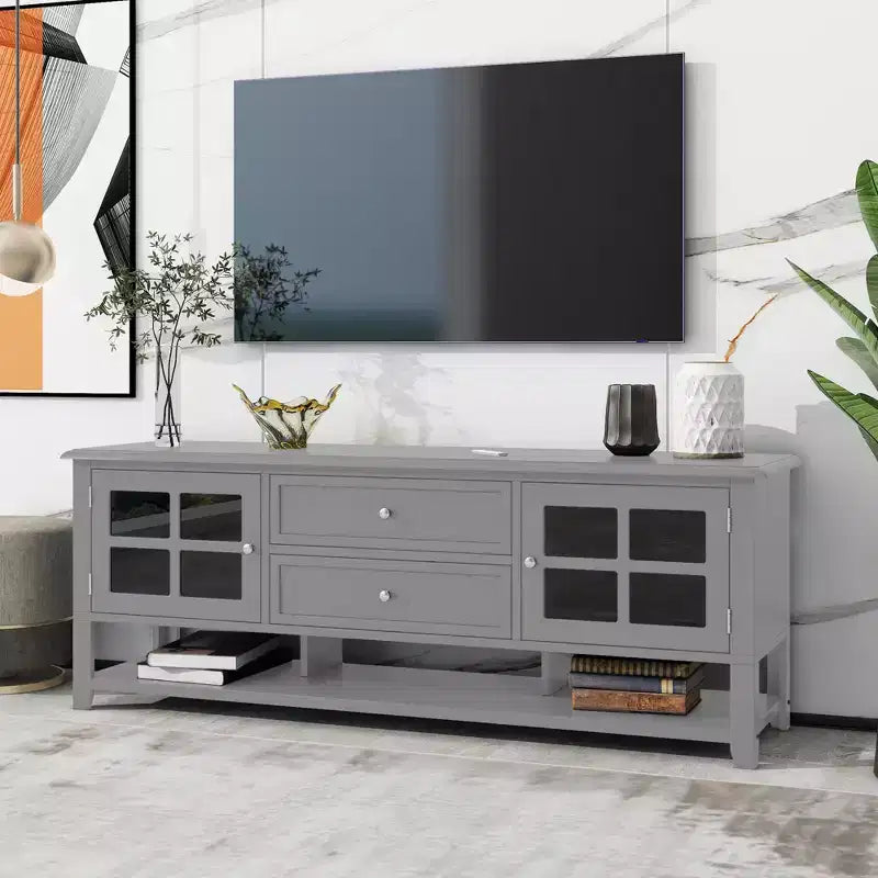 Meuble TV moderne 59 po pour téléviseurs de 60 po, console média en MDF gris avec rangement multifonctionnel et portes magnétiques silencieuses