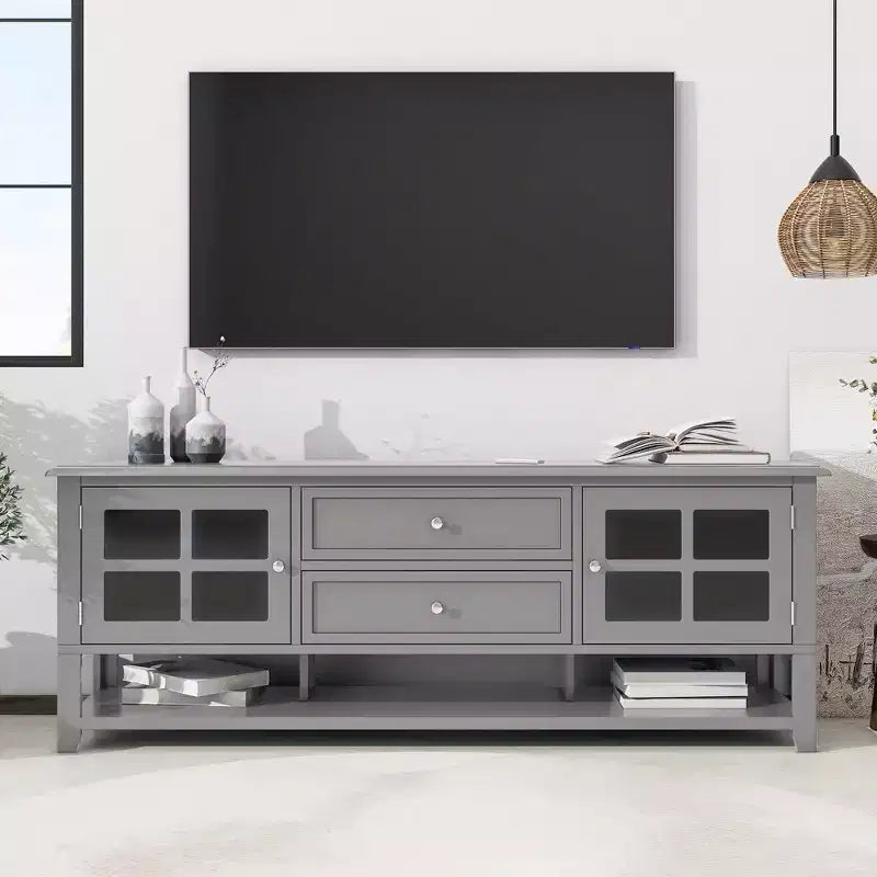 Meuble TV moderne 59 po pour téléviseurs de 60 po, console média en MDF gris avec rangement multifonctionnel et portes magnétiques silencieuses