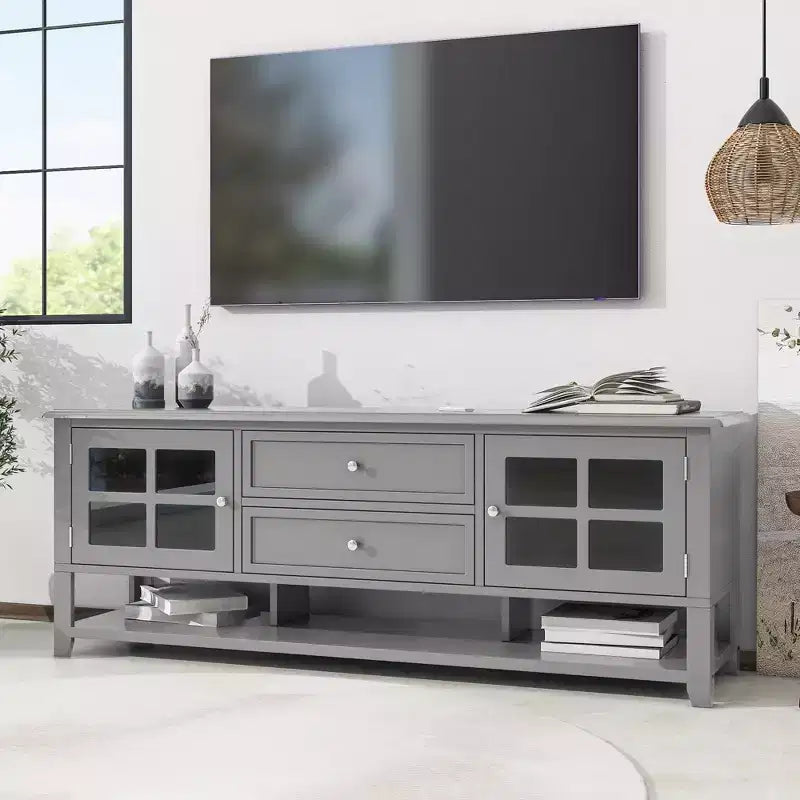 Meuble TV moderne 59 po pour téléviseurs de 60 po, console média en MDF gris avec rangement multifonctionnel et portes magnétiques silencieuses